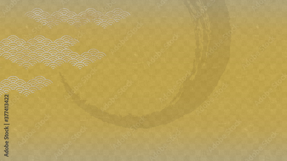 Obraz premium 市松模様。青海波。金の背景。日本の伝統模様。 Checkered pattern. Gold background. Japanese traditional pattern. Waves, sea pattern.