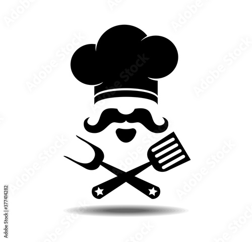 Restaurant cuisine icon logo, cook and kitchen flat design. Stylized chef hat, mustache and beard, fork, spatula. Vector illustration on transparent background