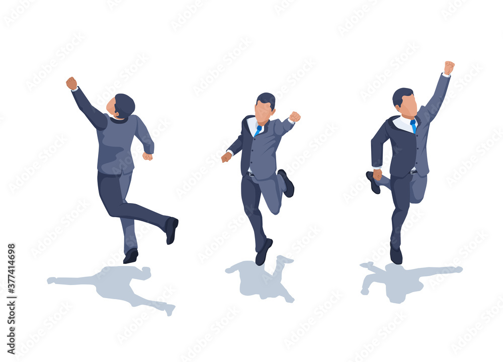 isometric vector image on a white background, a man in business clothes joyfully jumps up with his fist raised, jubilant man