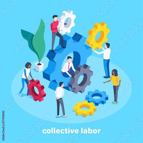 isometric vector image on blue background, people move and expose gears, well-coordinated teamwork, collective labor