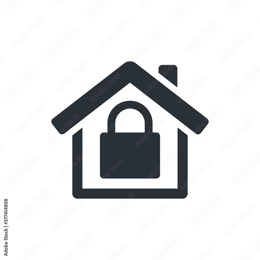 flat vector image on white background, black and white house icon with lock, protected house flat vector image on white background, black and white house icon with lock, protected house