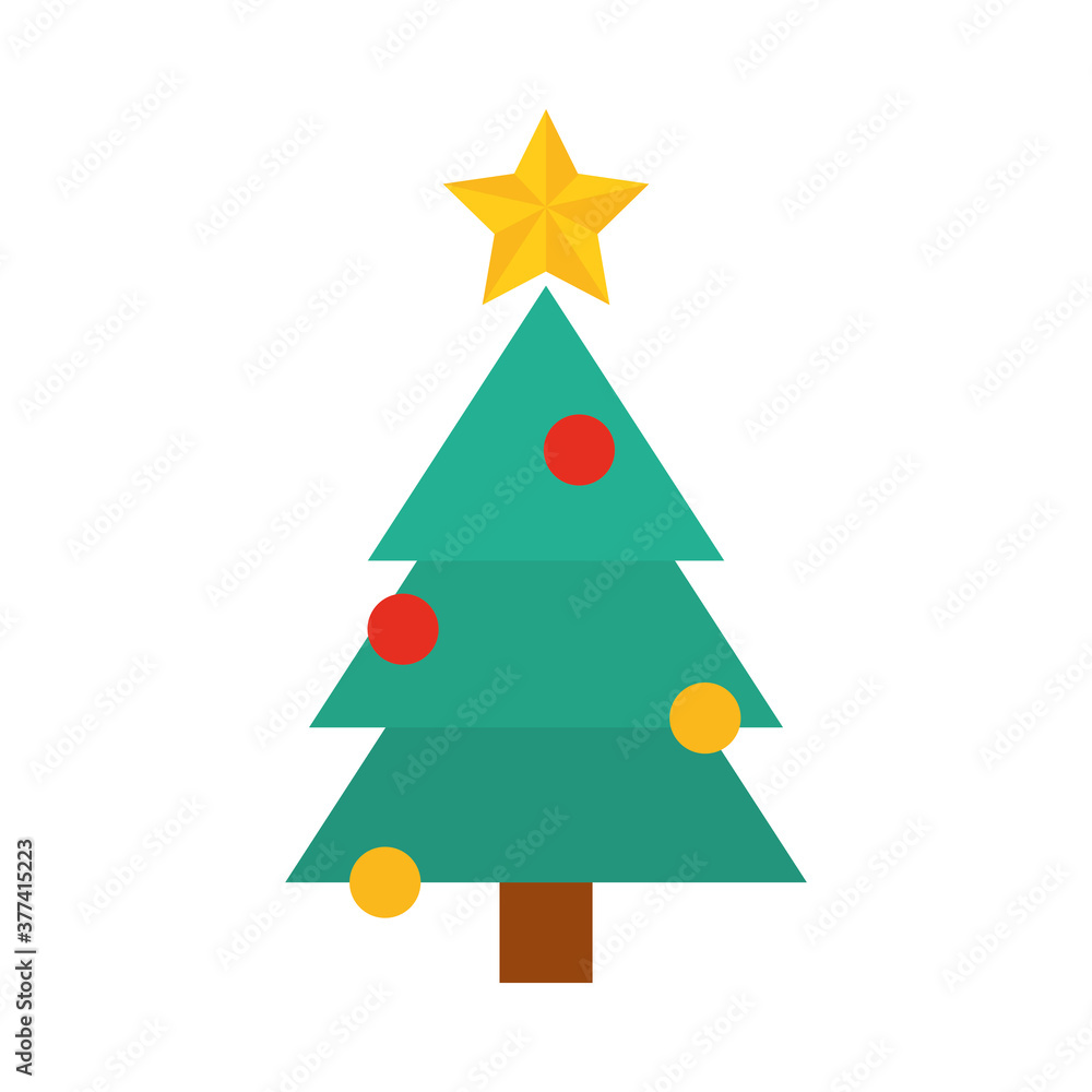 happy merry christmas, pine tree with star and balls decoration, celebration festive flat icon style happy merry christmas, pine tree with star and balls decoration, celebration festive flat icon style