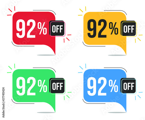 92% off. Red, yellow, green and blue tags with ninety-two percent discount. Banner with four colorful balloons with special offers vector.
