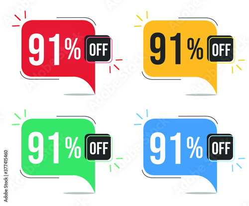 91% off. Red, yellow, green and blue tags with ninety-one percent discount. Banner with four colorful balloons with special offers vector.