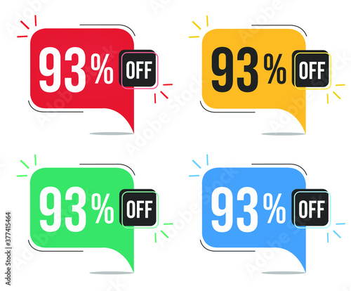 93% off. Red, yellow, green and blue tags with ninety-three percent discount. Banner with four colorful balloons with special offers vector.