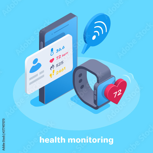 isometric vector image on a blue background, smart watch transmits health information to smartphone via bluetooth, health information on phone screen