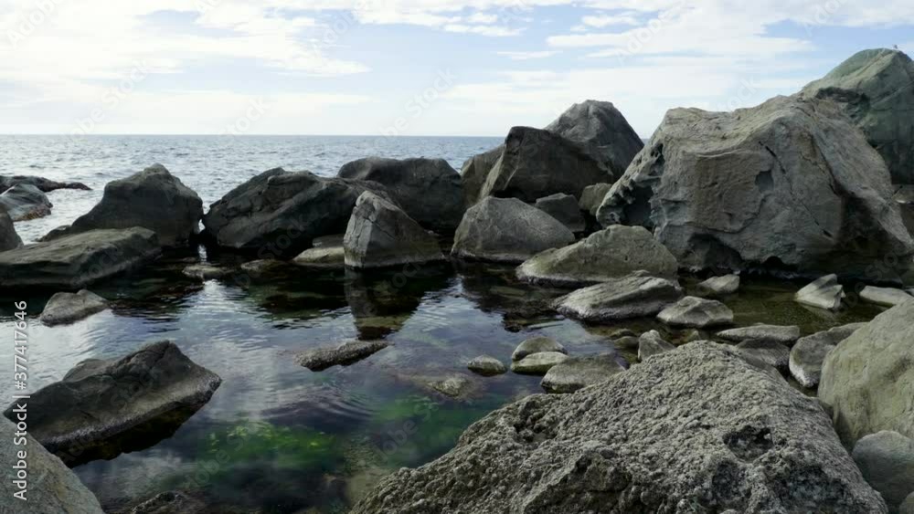 Seashore of the Black sea. Rocky headland of Crimea. 4K Seashore of the Black sea. Rocky headland of Crimea. 4K