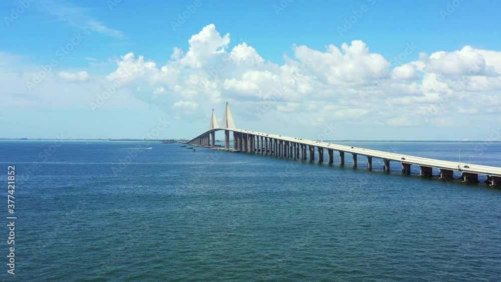 Aerial lateral flyover Sunshine Skyway Bridge over Tampa Bay FL USA Aerial lateral flyover Sunshine Skyway Bridge over Tampa Bay FL USA