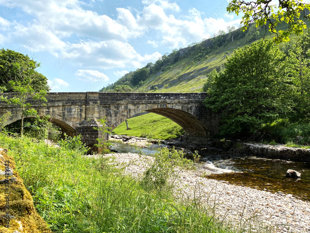 The bridge over the River Wharfe, in Kettlewell, with long grasses, old trees and stones in, Kettlewell, Skipton, UK