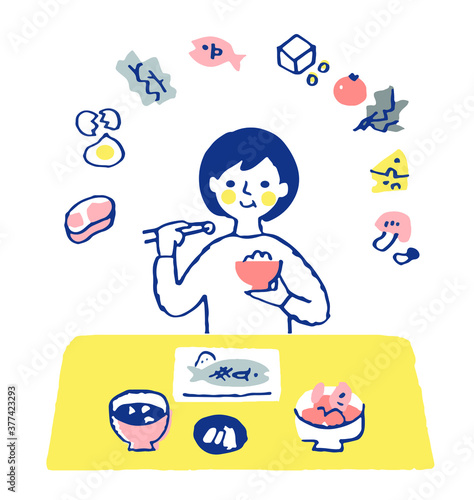 栄養バランスの良い食事をとっている女性	
