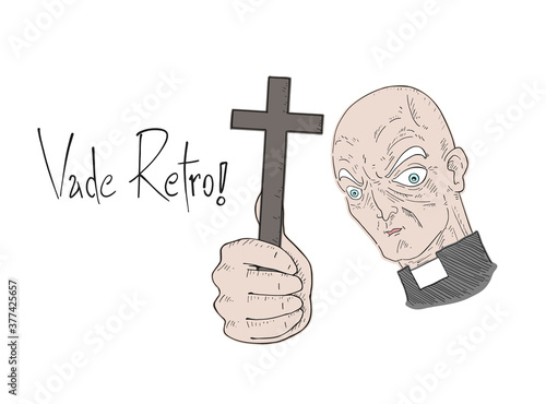 Design of priest with crucifix and "vade retro" message