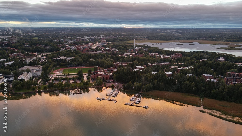 Sunset reflecting clearly at the docks in Helsinki captured using a drone from 450ft high