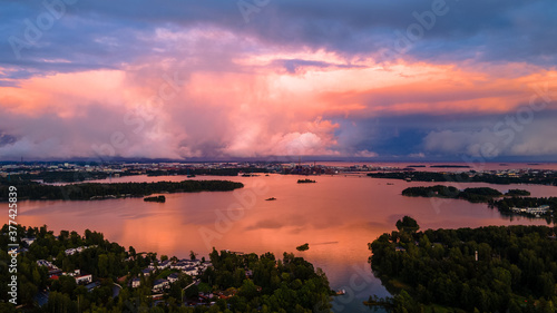 Gorgeous sunset is seen in Helsinki with the beautiful reflection on the Baltic Sea