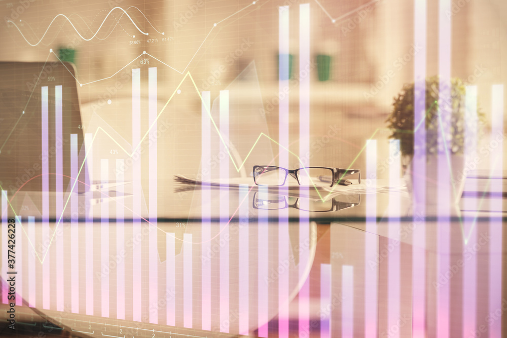Double exposure of financial graph drawing and office interior background. Concept of stock market. Double exposure of financial graph drawing and office interior background. Concept of stock market.