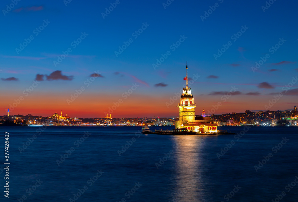 Gorgeous view of the Maiden's Tower in the evening. Kiz Kulesi. Istanbul.