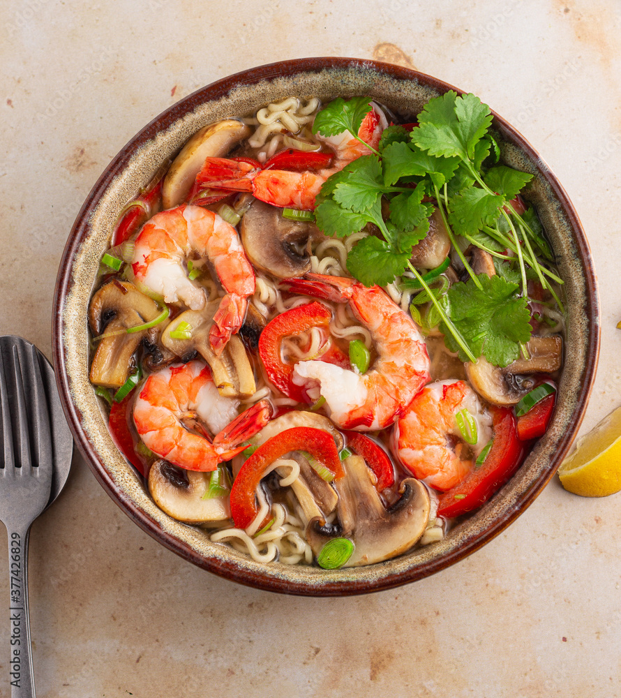Prawn noodle soup with mushrooms and peppers Prawn noodle soup with mushrooms and peppers