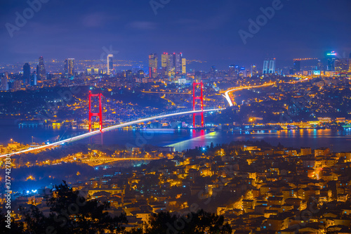 The magnificent view of the 15 July Martyrs Bridge in the evening. 15 Temmuz Sehitler Koprusu. Istanbul.