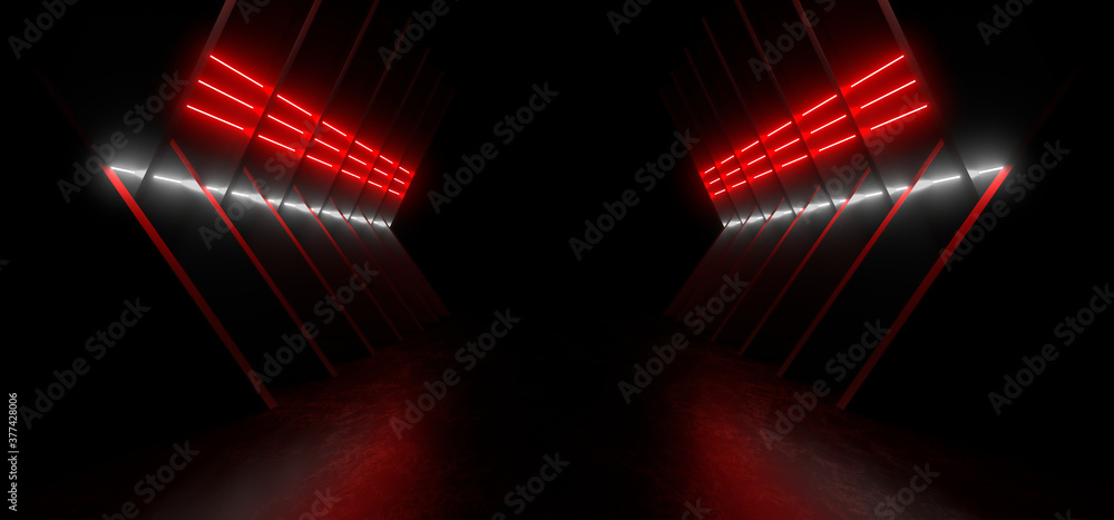 A dark corridor lit by red neon lights. Reflections on the floor and walls. 3d rendering image.