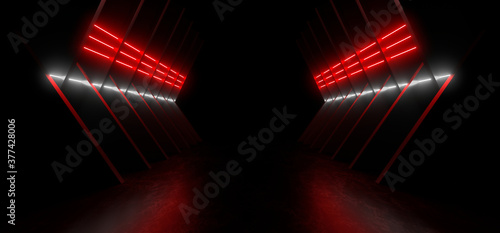 Obraz na płótnie A dark corridor lit by red neon lights. Reflections on the floor and walls. 3d rendering image. w salonie