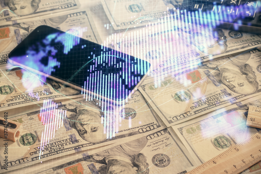 Multi exposure of business theme drawing over us dollars bill background. Concept of financial success. Multi exposure of business theme drawing over us dollars bill background. Concept of financial success.