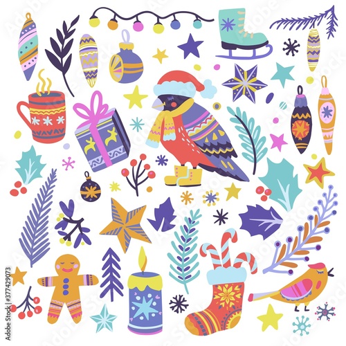 Cozy Christmas, Happy New Year cute hand drawn illustration. Big set of vector elements for invitations, greeting cards