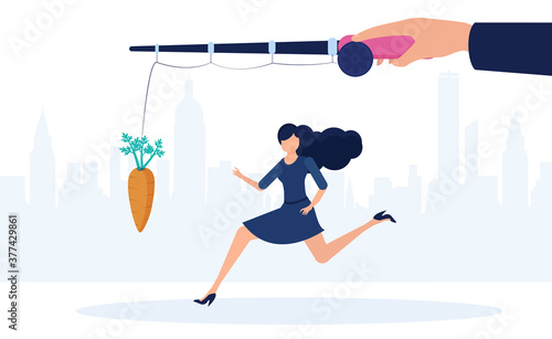 Vector of a business woman running towards a dangling carrot