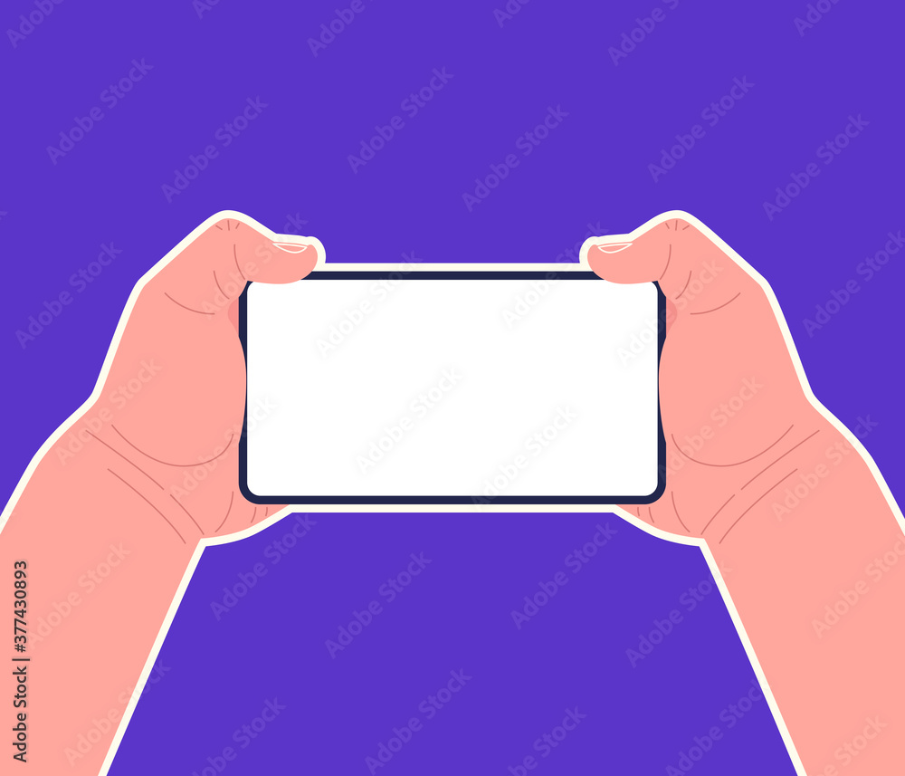 Two hands holding smartphone horizontally. Mockup for your text. Vector illustration. Two hands holding smartphone horizontally. Mockup for your text. Vector illustration.