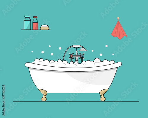Bath filled with foam and bubbles. On the shelf are jars of shampoo and gel. The towel is hanging on the wall.