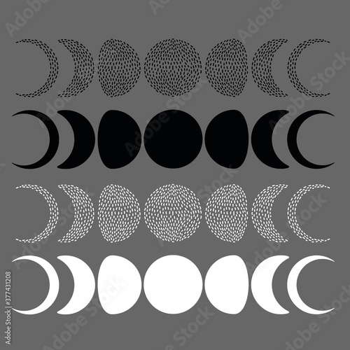 Moon phases icons set. Engraving and dotwork style. Flat hand drawn vector.