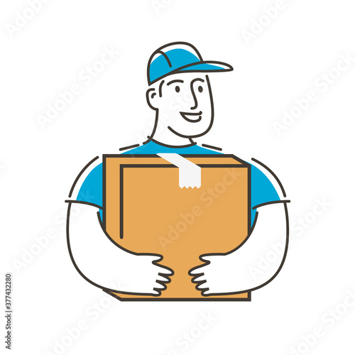 Delivery service man with box logo. Postman, moving symbol