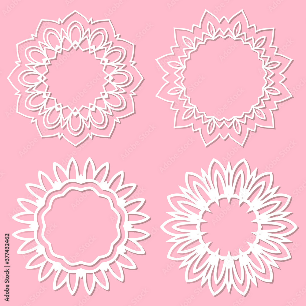Set of 4 round frame with swirls, vector ornament, vintage frame. White frame with lace for paper or wood cutting. Doily ornament. Round decor pattern. Set of 4 round frame with swirls, vector ornament, vintage frame. White frame with lace for paper or wood cutting. Doily ornament. Round decor pattern.