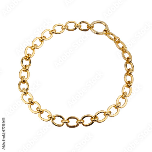 Women`s wrist bracelet of golden chain isolated