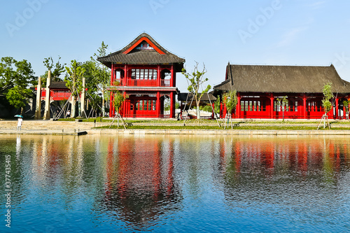 Sticker Red pavilion at riverside in guangfulin ancient relic park Shanghai china