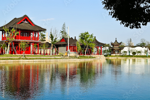 Sticker Red pavilion at riverside in guangfulin ancient relic park Shanghai china