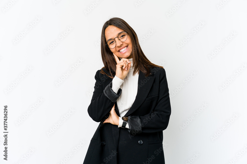 Young mixed race business woman isolated on white background smiling happy and confident, touching chin with hand. Young mixed race business woman isolated on white background smiling happy and confident, touching chin with hand.
