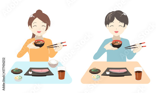 笑顔でご飯を食べる　左利き(線無し)