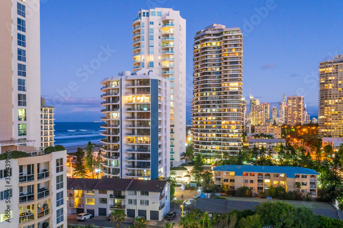 Hi rise apartment buildings at twilight on the Gold Coast photo