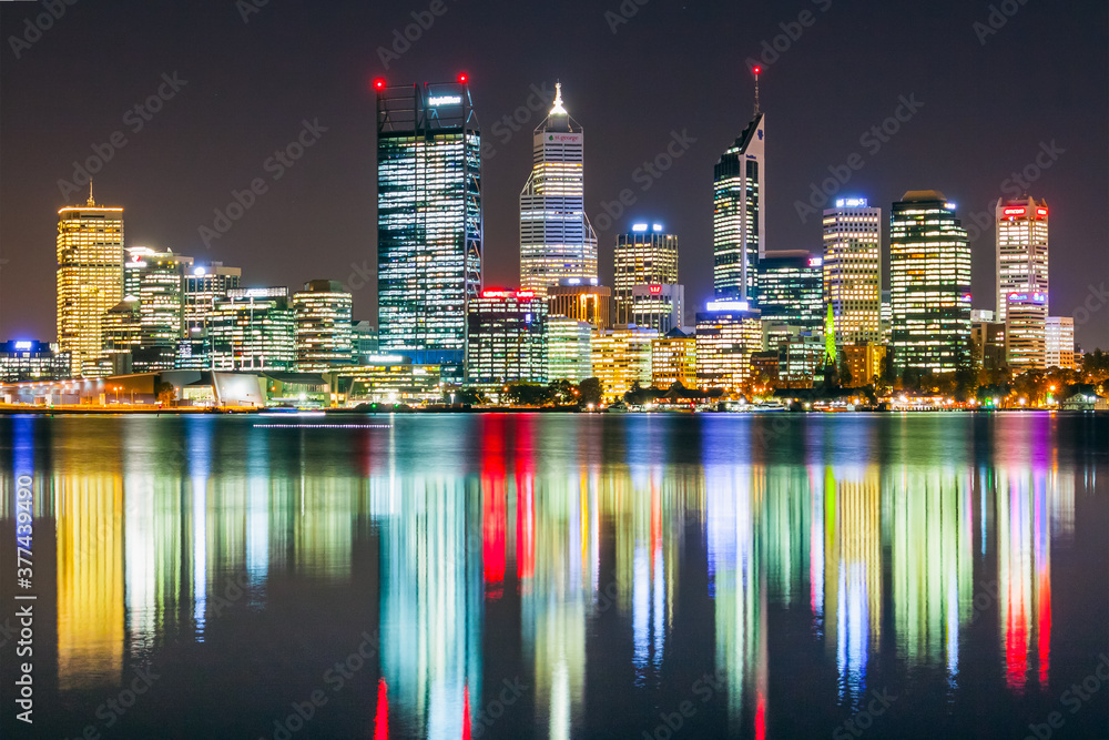 Reflection of the Perth's city lights looking across the Swan River