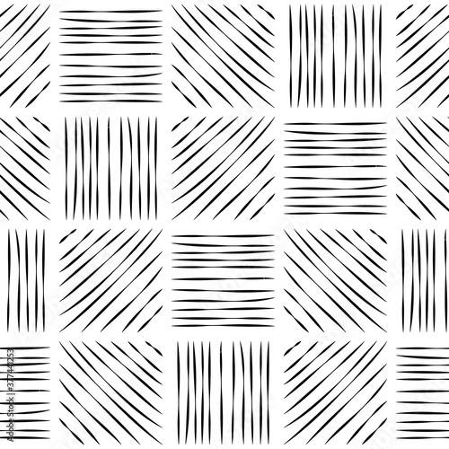 Seamless pattern of hatched squares. Black lines on a white background.