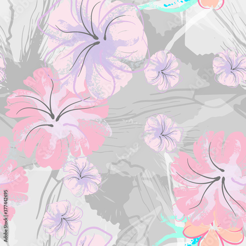 Wallpaper Mural Pink Flowers Blooming Pattern. Pastel Watercolor. Torontodigital.ca
