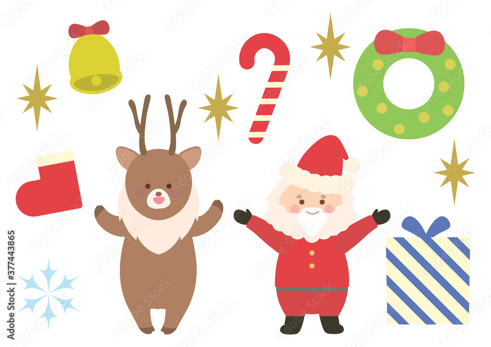 Fototapeta premium サンタクロースとトナカイとクリスマスモチーフのイラストセット