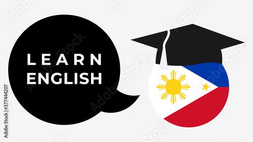 Speech bubble with "Learn English" written inside, spoken by the flag of the Philippines.