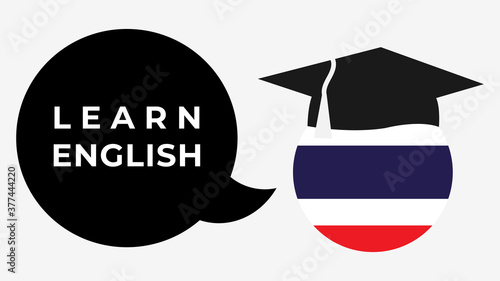 Speech bubble with "Learn English" written inside, spoken by the flag of Thailand.