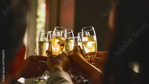 hands toasting wine or champagne together to celebrate friendship