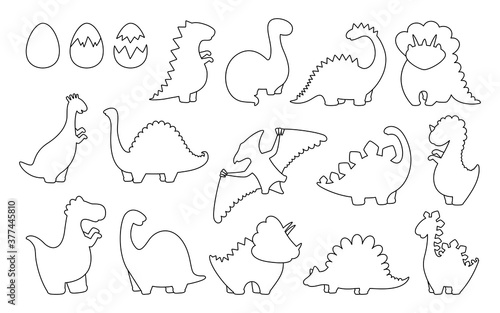 Dinosaur outline cartoon set. Reptile line collection  predators and herbivores dino. Funny linear dinosaurs. Kids design for fabric or textile. Vector illustration isolated
