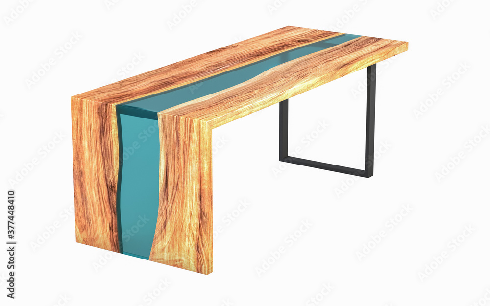 Live edge wooden table with green epoxy resin on a white background. 3D rendering - obrazy, fototapety, plakaty 