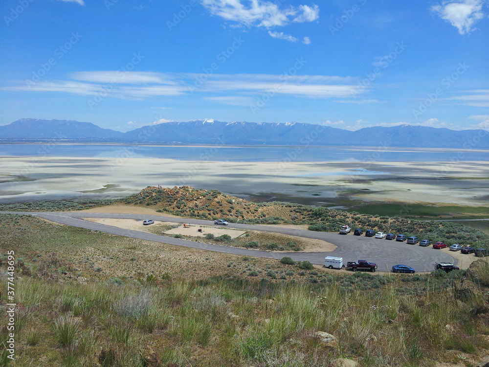 View of Great Salt Lake and Wasatch Mountains from Frary Peak hiking trail, Antelope Island State Park, Utah View of Great Salt Lake and Wasatch Mountains from Frary Peak hiking trail, Antelope Island State Park, Utah