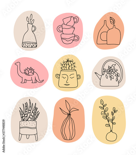 Handmade Clay Pottery Logos collection. Creative Craft Sign Concept in line art style. 