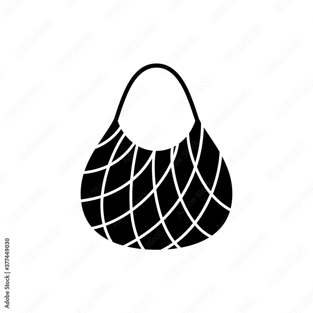 Silhouette String market bag. Outline icon of reusable shopping bag. Black illustration of eco friendly accessory, knitting pattern. Zero waste theme. Flat isolated vector pictogram, white background Silhouette String market bag. Outline icon of reusable shopping bag. Black illustration of eco friendly accessory, knitting pattern. Zero waste theme. Flat isolated vector pictogram, white background