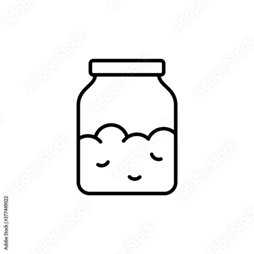 Sourdough or yeast starter in jar. Linear icon of kitchen glass bottle with dry powder, cooking ingredient. Black pictogram of groats, salt, sugar, oatmeal or cereal. Contour vector, white background
